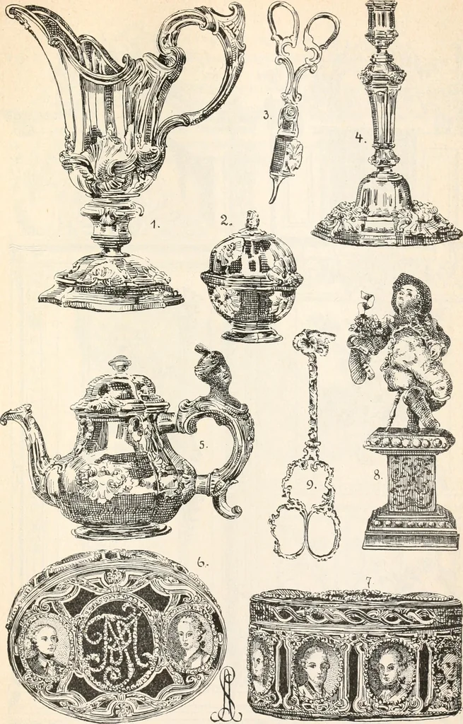 An illustration from Styles of ornament, exhibited in designs, and arranged in historical order, with descriptive text. A handbook for architects, designers, painters, sculptors, wood-carvers, chasers, modellers, cabinet-makers and artistic locksmiths as well as also for technical schools, libraries and private study, 1910, leaf 538