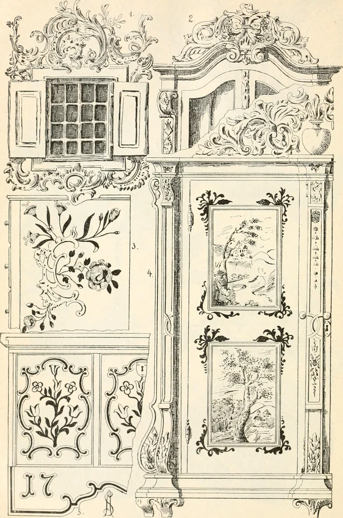 An illustration from Styles of ornament, exhibited in designs, and arranged in historical order, with descriptive text. A handbook for architects, designers, painters, sculptors, wood-carvers, chasers, modellers, cabinet-makers and artistic locksmiths as well as also for technical schools, libraries and private study, 1910, leaf 539