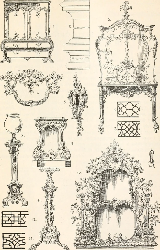 An illustration from Styles of ornament, exhibited in designs, and arranged in historical order, with descriptive text. A handbook for architects, designers, painters, sculptors, wood-carvers, chasers, modellers, cabinet-makers and artistic locksmiths as well as also for technical schools, libraries and private study, 1910, leaf 544