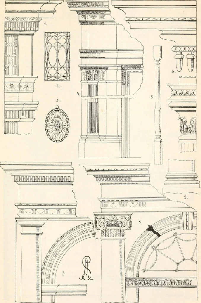 An illustration from Styles of ornament, exhibited in designs, and arranged in historical order, with descriptive text. A handbook for architects, designers, painters, sculptors, wood-carvers, chasers, modellers, cabinet-makers and artistic locksmiths as well as also for technical schools, libraries and private study, 1910, leaf 546
