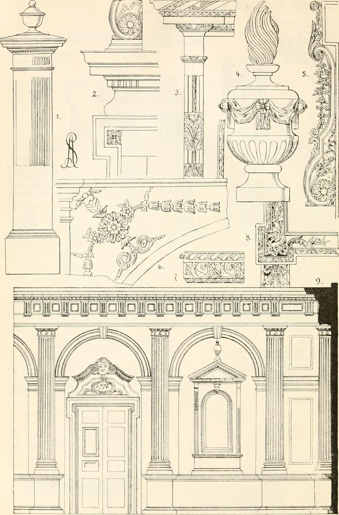 An illustration from Styles of ornament, exhibited in designs, and arranged in historical order, with descriptive text. A handbook for architects, designers, painters, sculptors, wood-carvers, chasers, modellers, cabinet-makers and artistic locksmiths as well as also for technical schools, libraries and private study, 1910, leaf 547