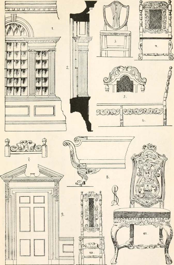 An illustration from Styles of ornament, exhibited in designs, and arranged in historical order, with descriptive text. A handbook for architects, designers, painters, sculptors, wood-carvers, chasers, modellers, cabinet-makers and artistic locksmiths as well as also for technical schools, libraries and private study, 1910, leaf 550