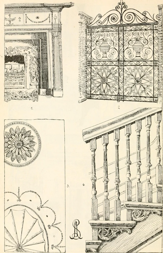 An illustration from Styles of ornament, exhibited in designs, and arranged in historical order, with descriptive text. A handbook for architects, designers, painters, sculptors, wood-carvers, chasers, modellers, cabinet-makers and artistic locksmiths as well as also for technical schools, libraries and private study, 1910, leaf 551