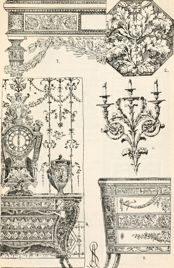An illustration from Styles of ornament, exhibited in designs, and arranged in historical order, with descriptive text. A handbook for architects, designers, painters, sculptors, wood-carvers, chasers, modellers, cabinet-makers and artistic locksmiths as well as also for technical schools, libraries and private study, 1910, leaf 558