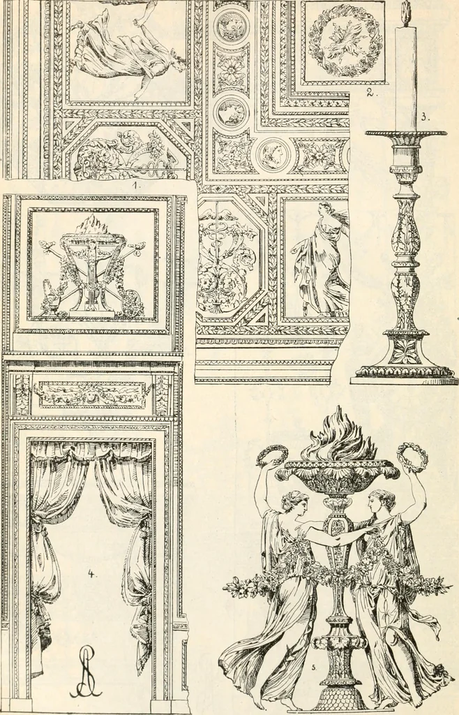 An illustration from Styles of ornament, exhibited in designs, and arranged in historical order, with descriptive text. A handbook for architects, designers, painters, sculptors, wood-carvers, chasers, modellers, cabinet-makers and artistic locksmiths as well as also for technical schools, libraries and private study, 1910, leaf 559