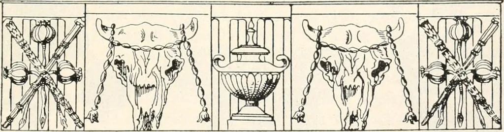 An illustration from Styles of ornament, exhibited in designs, and arranged in historical order, with descriptive text. A handbook for architects, designers, painters, sculptors, wood-carvers, chasers, modellers, cabinet-makers and artistic locksmiths as well as also for technical schools, libraries and private study, 1910, leaf 56