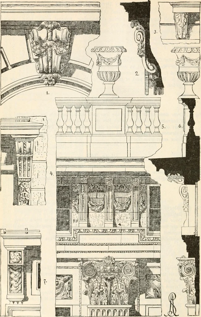 An illustration from Styles of ornament, exhibited in designs, and arranged in historical order, with descriptive text. A handbook for architects, designers, painters, sculptors, wood-carvers, chasers, modellers, cabinet-makers and artistic locksmiths as well as also for technical schools, libraries and private study, 1910, leaf 561