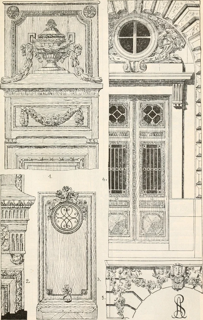 An illustration from Styles of ornament, exhibited in designs, and arranged in historical order, with descriptive text. A handbook for architects, designers, painters, sculptors, wood-carvers, chasers, modellers, cabinet-makers and artistic locksmiths as well as also for technical schools, libraries and private study, 1910, leaf 562
