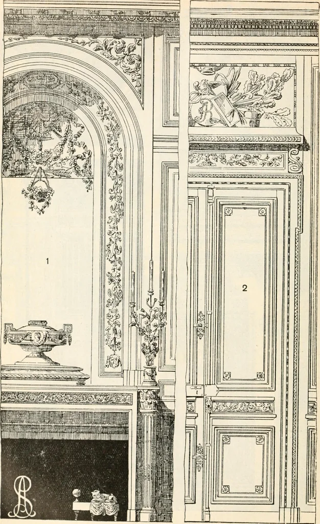 An illustration from Styles of ornament, exhibited in designs, and arranged in historical order, with descriptive text. A handbook for architects, designers, painters, sculptors, wood-carvers, chasers, modellers, cabinet-makers and artistic locksmiths as well as also for technical schools, libraries and private study, 1910, leaf 563