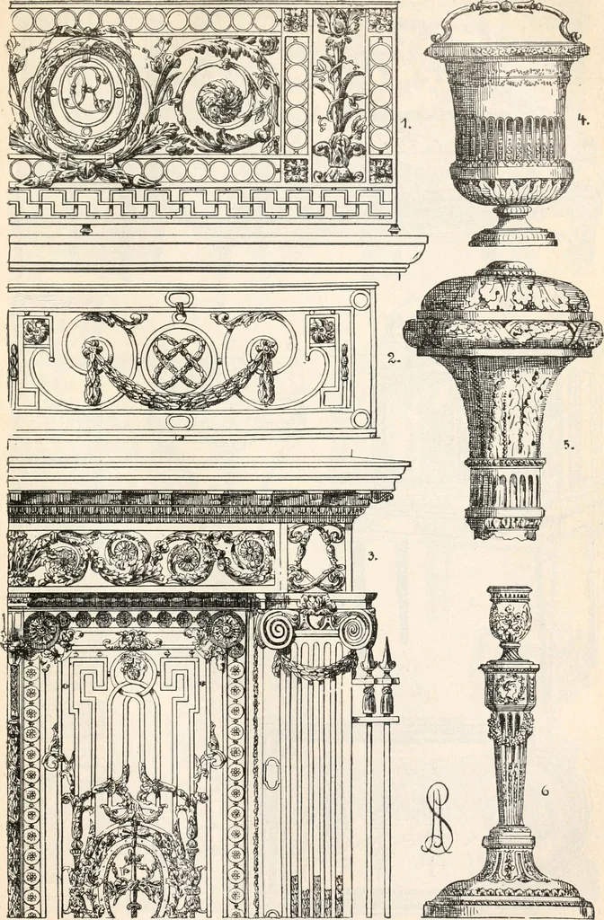 An illustration from Styles of ornament, exhibited in designs, and arranged in historical order, with descriptive text. A handbook for architects, designers, painters, sculptors, wood-carvers, chasers, modellers, cabinet-makers and artistic locksmiths as well as also for technical schools, libraries and private study, 1910, leaf 564