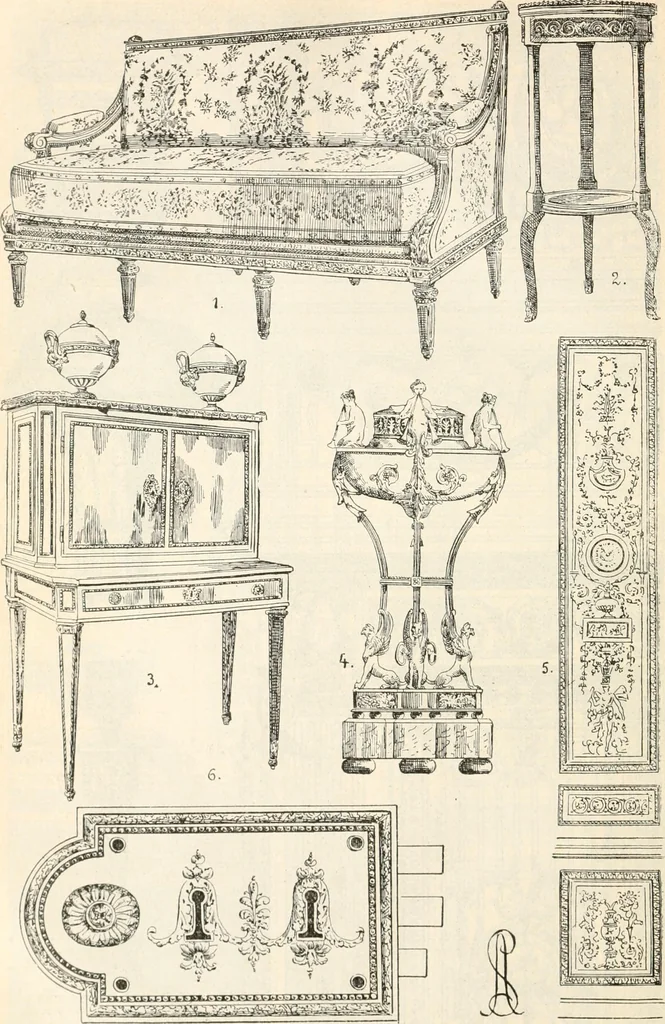 An illustration from Styles of ornament, exhibited in designs, and arranged in historical order, with descriptive text. A handbook for architects, designers, painters, sculptors, wood-carvers, chasers, modellers, cabinet-makers and artistic locksmiths as well as also for technical schools, libraries and private study, 1910, leaf 565