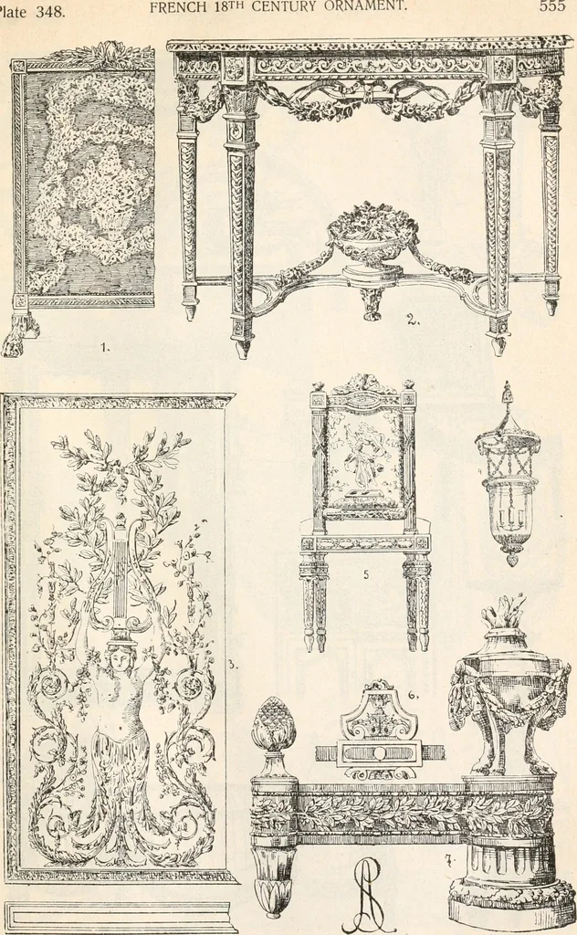 An illustration from Styles of ornament, exhibited in designs, and arranged in historical order, with descriptive text. A handbook for architects, designers, painters, sculptors, wood-carvers, chasers, modellers, cabinet-makers and artistic locksmiths as well as also for technical schools, libraries and private study, 1910, leaf 566