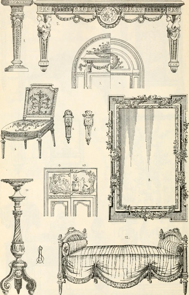 An illustration from Styles of ornament, exhibited in designs, and arranged in historical order, with descriptive text. A handbook for architects, designers, painters, sculptors, wood-carvers, chasers, modellers, cabinet-makers and artistic locksmiths as well as also for technical schools, libraries and private study, 1910, leaf 567