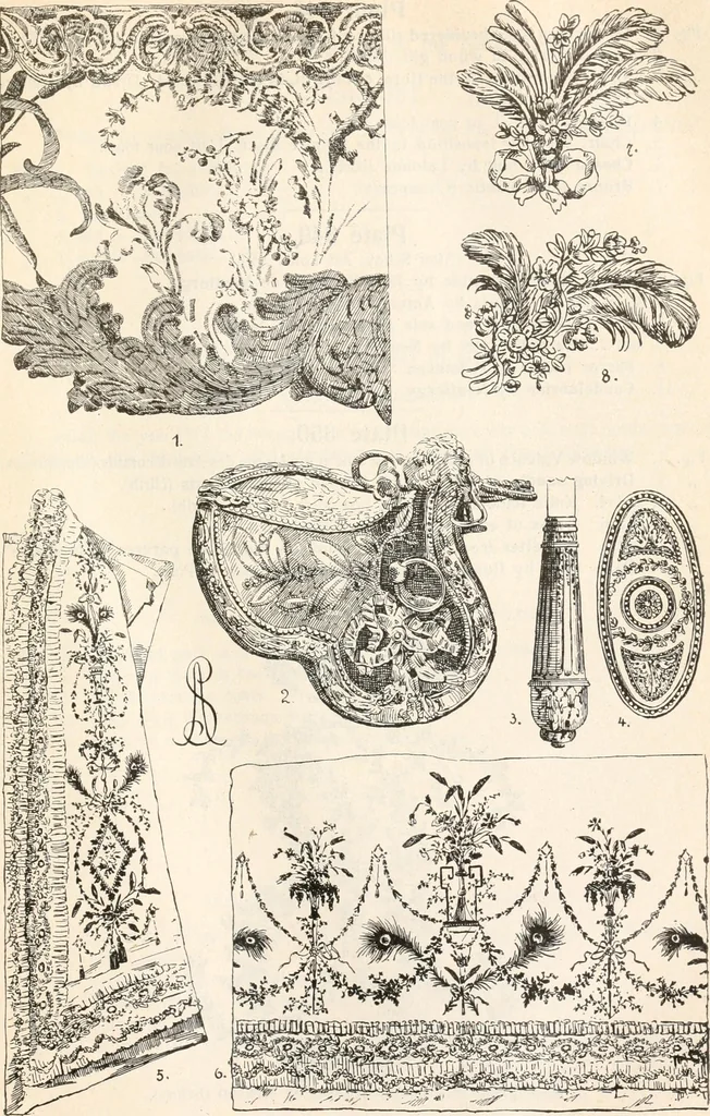 An illustration from Styles of ornament, exhibited in designs, and arranged in historical order, with descriptive text. A handbook for architects, designers, painters, sculptors, wood-carvers, chasers, modellers, cabinet-makers and artistic locksmiths as well as also for technical schools, libraries and private study, 1910, leaf 568