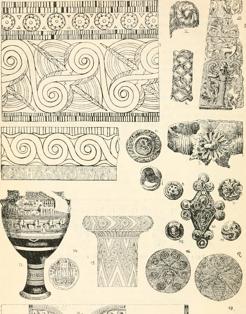 An illustration from Styles of ornament, exhibited in designs, and arranged in historical order, with descriptive text. A handbook for architects, designers, painters, sculptors, wood-carvers, chasers, modellers, cabinet-makers and artistic locksmiths as well as also for technical schools, libraries and private study, 1910, leaf 57