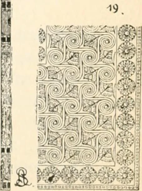 An illustration from Styles of ornament, exhibited in designs, and arranged in historical order, with descriptive text. A handbook for architects, designers, painters, sculptors, wood-carvers, chasers, modellers, cabinet-makers and artistic locksmiths as well as also for technical schools, libraries and private study, 1910, leaf 57