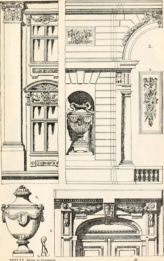 An illustration from Styles of ornament, exhibited in designs, and arranged in historical order, with descriptive text. A handbook for architects, designers, painters, sculptors, wood-carvers, chasers, modellers, cabinet-makers and artistic locksmiths as well as also for technical schools, libraries and private study, 1910, leaf 572