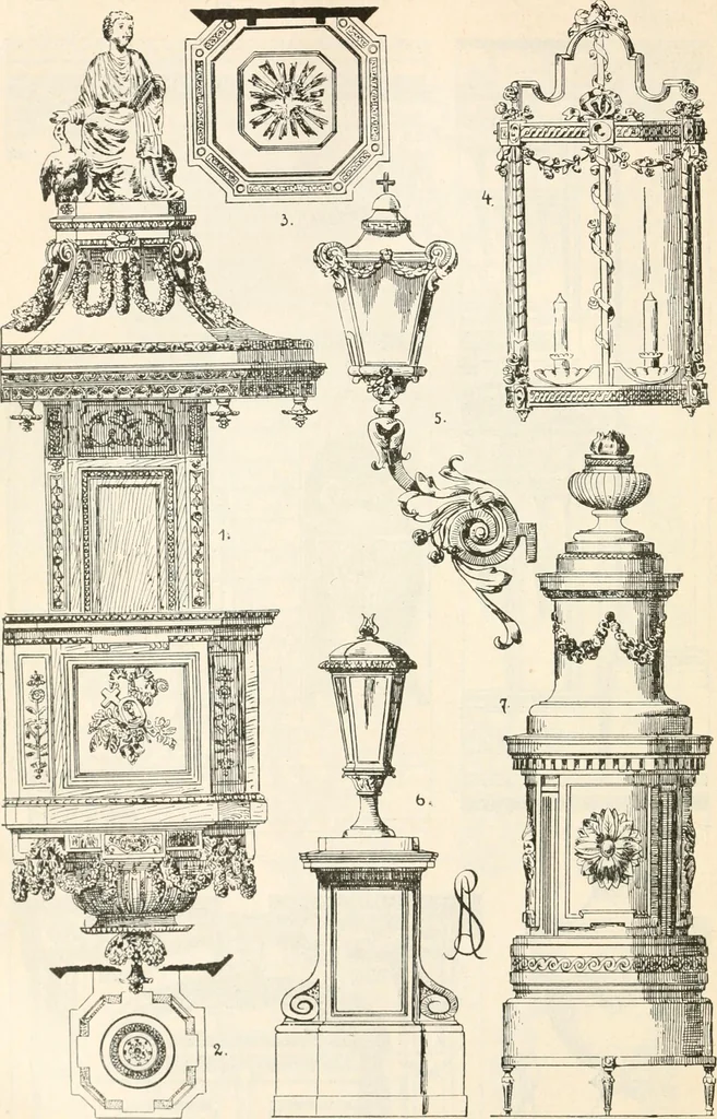 An illustration from Styles of ornament, exhibited in designs, and arranged in historical order, with descriptive text. A handbook for architects, designers, painters, sculptors, wood-carvers, chasers, modellers, cabinet-makers and artistic locksmiths as well as also for technical schools, libraries and private study, 1910, leaf 573