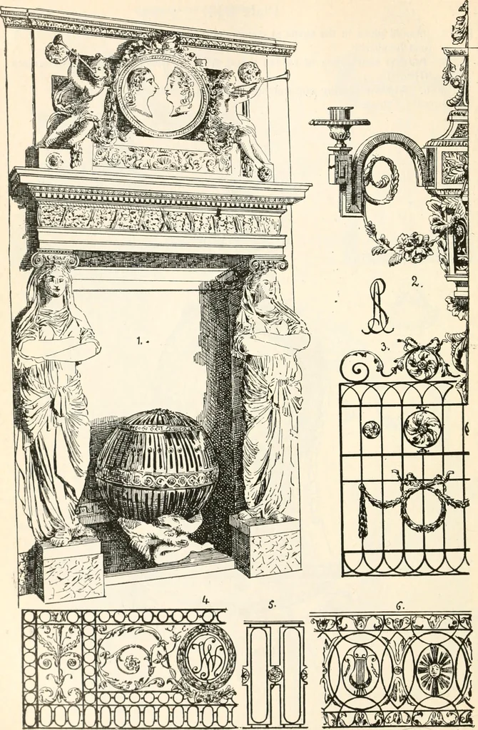 An illustration from Styles of ornament, exhibited in designs, and arranged in historical order, with descriptive text. A handbook for architects, designers, painters, sculptors, wood-carvers, chasers, modellers, cabinet-makers and artistic locksmiths as well as also for technical schools, libraries and private study, 1910, leaf 575