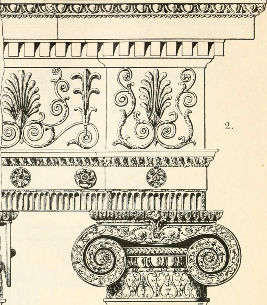 An illustration from Styles of ornament, exhibited in designs, and arranged in historical order, with descriptive text. A handbook for architects, designers, painters, sculptors, wood-carvers, chasers, modellers, cabinet-makers and artistic locksmiths as well as also for technical schools, libraries and private study, 1910, leaf 579