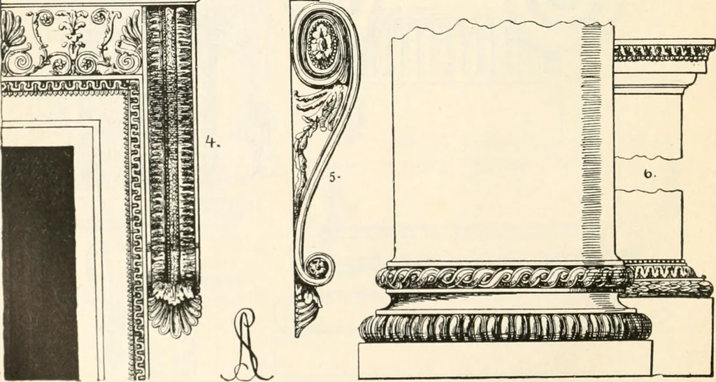 An illustration from Styles of ornament, exhibited in designs, and arranged in historical order, with descriptive text. A handbook for architects, designers, painters, sculptors, wood-carvers, chasers, modellers, cabinet-makers and artistic locksmiths as well as also for technical schools, libraries and private study, 1910, leaf 579