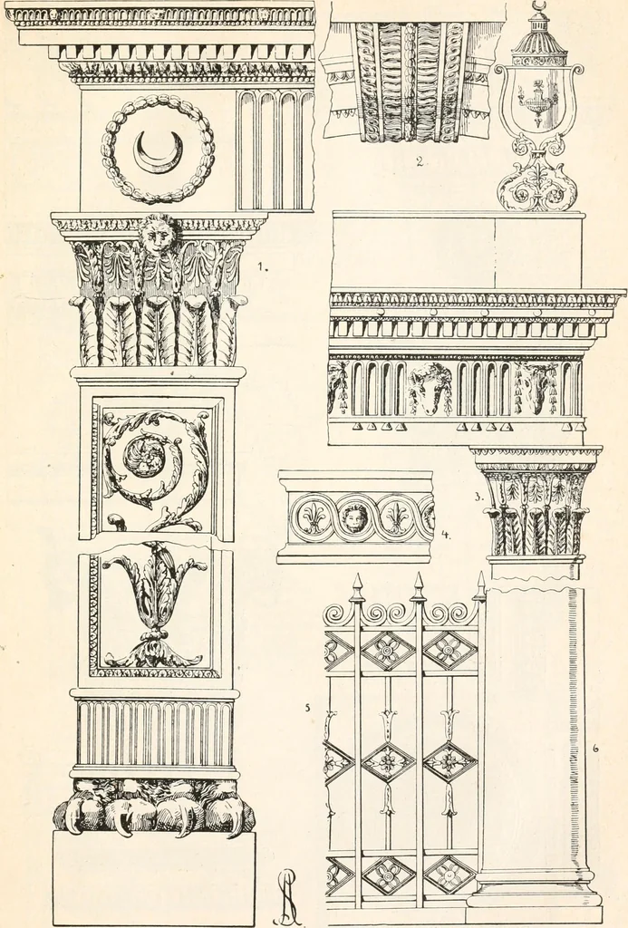 An illustration from Styles of ornament, exhibited in designs, and arranged in historical order, with descriptive text. A handbook for architects, designers, painters, sculptors, wood-carvers, chasers, modellers, cabinet-makers and artistic locksmiths as well as also for technical schools, libraries and private study, 1910, leaf 580