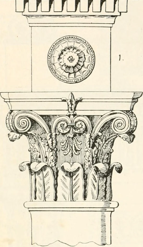 An illustration from Styles of ornament, exhibited in designs, and arranged in historical order, with descriptive text. A handbook for architects, designers, painters, sculptors, wood-carvers, chasers, modellers, cabinet-makers and artistic locksmiths as well as also for technical schools, libraries and private study, 1910, leaf 581