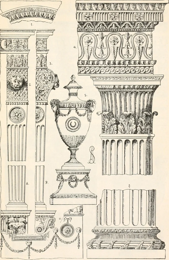 An illustration from Styles of ornament, exhibited in designs, and arranged in historical order, with descriptive text. A handbook for architects, designers, painters, sculptors, wood-carvers, chasers, modellers, cabinet-makers and artistic locksmiths as well as also for technical schools, libraries and private study, 1910, leaf 582
