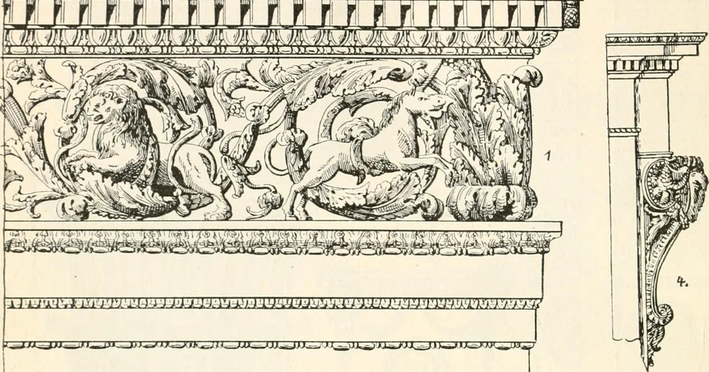 An illustration from Styles of ornament, exhibited in designs, and arranged in historical order, with descriptive text. A handbook for architects, designers, painters, sculptors, wood-carvers, chasers, modellers, cabinet-makers and artistic locksmiths as well as also for technical schools, libraries and private study, 1910, leaf 583