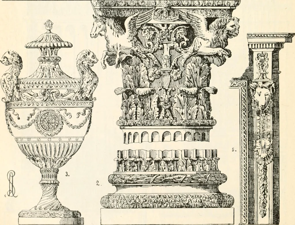 An illustration from Styles of ornament, exhibited in designs, and arranged in historical order, with descriptive text. A handbook for architects, designers, painters, sculptors, wood-carvers, chasers, modellers, cabinet-makers and artistic locksmiths as well as also for technical schools, libraries and private study, 1910, leaf 583