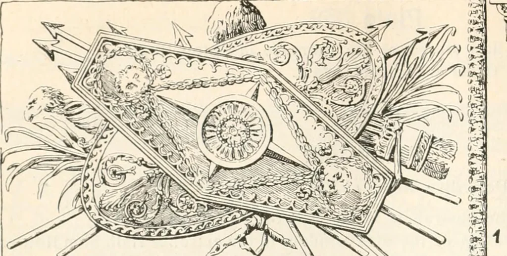 An illustration from Styles of ornament, exhibited in designs, and arranged in historical order, with descriptive text. A handbook for architects, designers, painters, sculptors, wood-carvers, chasers, modellers, cabinet-makers and artistic locksmiths as well as also for technical schools, libraries and private study, 1910, leaf 585