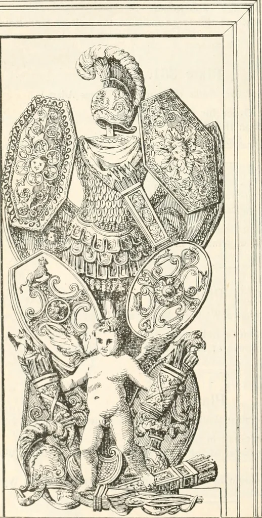 An illustration from Styles of ornament, exhibited in designs, and arranged in historical order, with descriptive text. A handbook for architects, designers, painters, sculptors, wood-carvers, chasers, modellers, cabinet-makers and artistic locksmiths as well as also for technical schools, libraries and private study, 1910, leaf 585