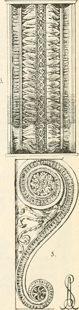 An illustration from Styles of ornament, exhibited in designs, and arranged in historical order, with descriptive text. A handbook for architects, designers, painters, sculptors, wood-carvers, chasers, modellers, cabinet-makers and artistic locksmiths as well as also for technical schools, libraries and private study, 1910, leaf 585