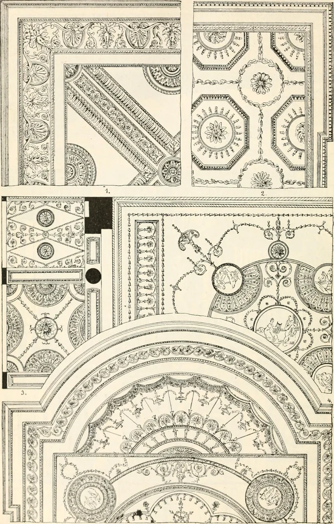 An illustration from Styles of ornament, exhibited in designs, and arranged in historical order, with descriptive text. A handbook for architects, designers, painters, sculptors, wood-carvers, chasers, modellers, cabinet-makers and artistic locksmiths as well as also for technical schools, libraries and private study, 1910, leaf 587