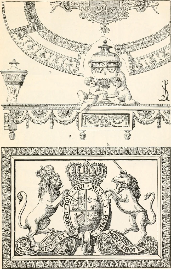 An illustration from Styles of ornament, exhibited in designs, and arranged in historical order, with descriptive text. A handbook for architects, designers, painters, sculptors, wood-carvers, chasers, modellers, cabinet-makers and artistic locksmiths as well as also for technical schools, libraries and private study, 1910, leaf 588
