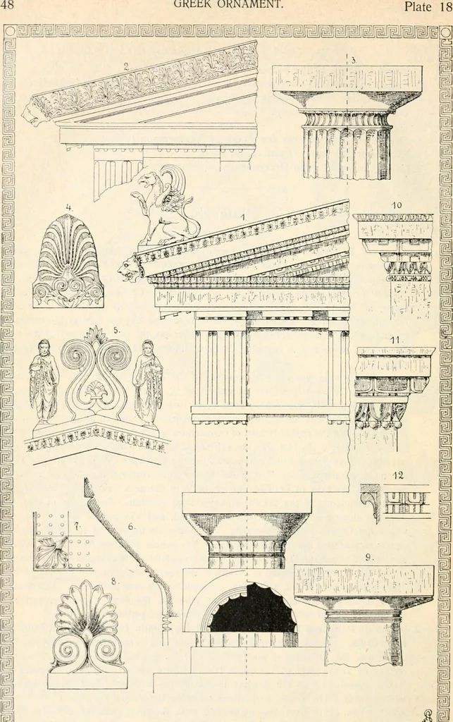 An illustration from Styles of ornament, exhibited in designs, and arranged in historical order, with descriptive text. A handbook for architects, designers, painters, sculptors, wood-carvers, chasers, modellers, cabinet-makers and artistic locksmiths as well as also for technical schools, libraries and private study, 1910, leaf 59