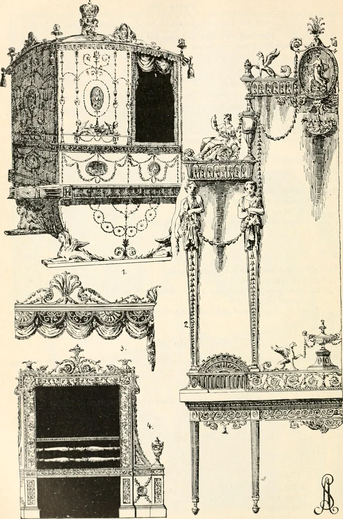 An illustration from Styles of ornament, exhibited in designs, and arranged in historical order, with descriptive text. A handbook for architects, designers, painters, sculptors, wood-carvers, chasers, modellers, cabinet-makers and artistic locksmiths as well as also for technical schools, libraries and private study, 1910, leaf 591