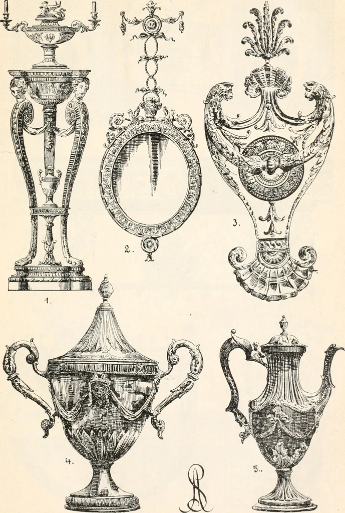 An illustration from Styles of ornament, exhibited in designs, and arranged in historical order, with descriptive text. A handbook for architects, designers, painters, sculptors, wood-carvers, chasers, modellers, cabinet-makers and artistic locksmiths as well as also for technical schools, libraries and private study, 1910, leaf 592