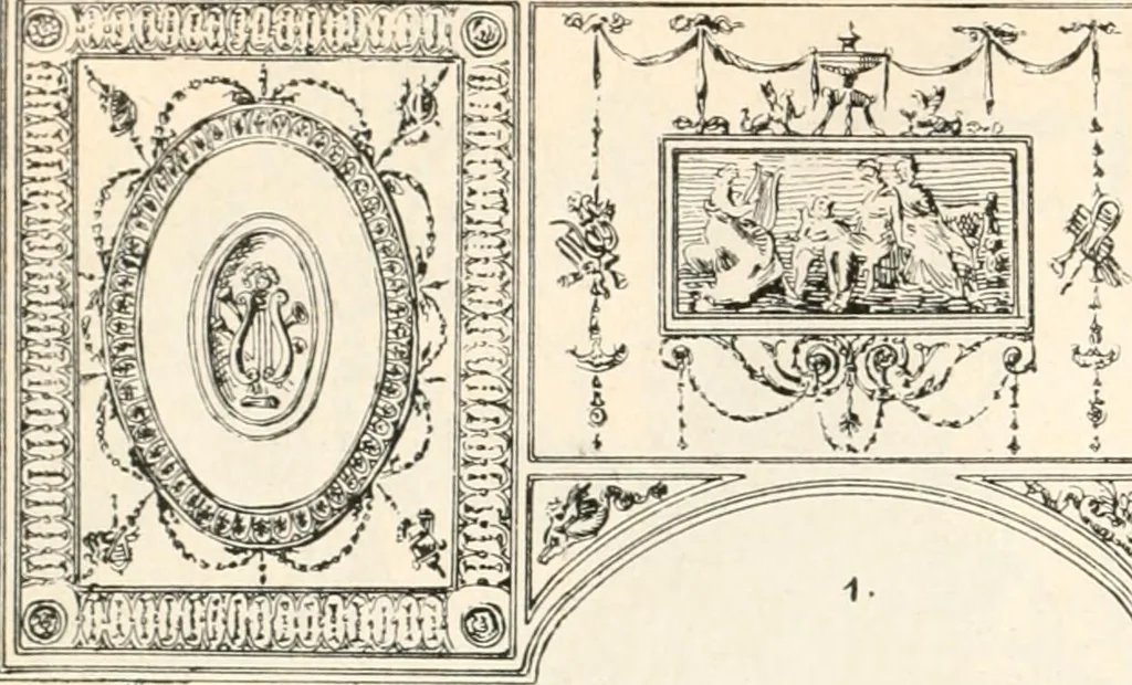 An illustration from Styles of ornament, exhibited in designs, and arranged in historical order, with descriptive text. A handbook for architects, designers, painters, sculptors, wood-carvers, chasers, modellers, cabinet-makers and artistic locksmiths as well as also for technical schools, libraries and private study, 1910, leaf 593