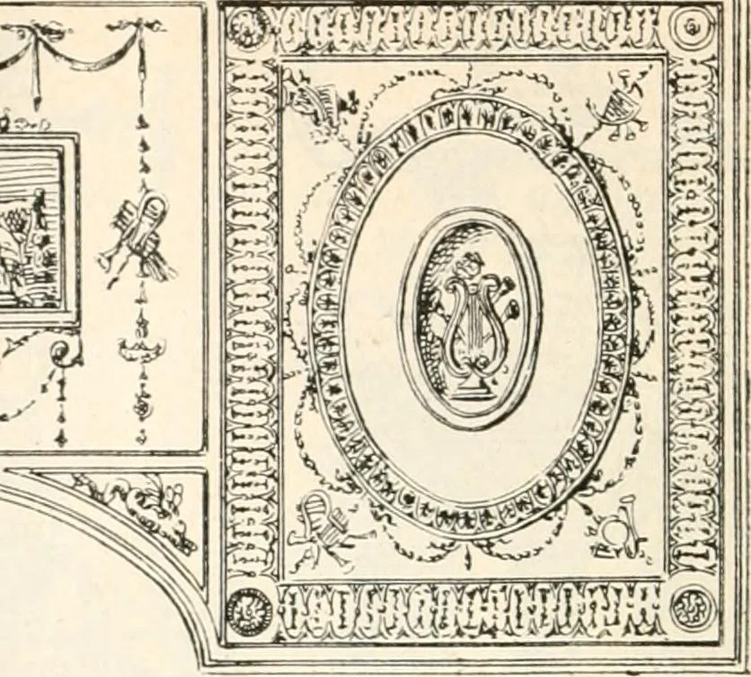 An illustration from Styles of ornament, exhibited in designs, and arranged in historical order, with descriptive text. A handbook for architects, designers, painters, sculptors, wood-carvers, chasers, modellers, cabinet-makers and artistic locksmiths as well as also for technical schools, libraries and private study, 1910, leaf 593