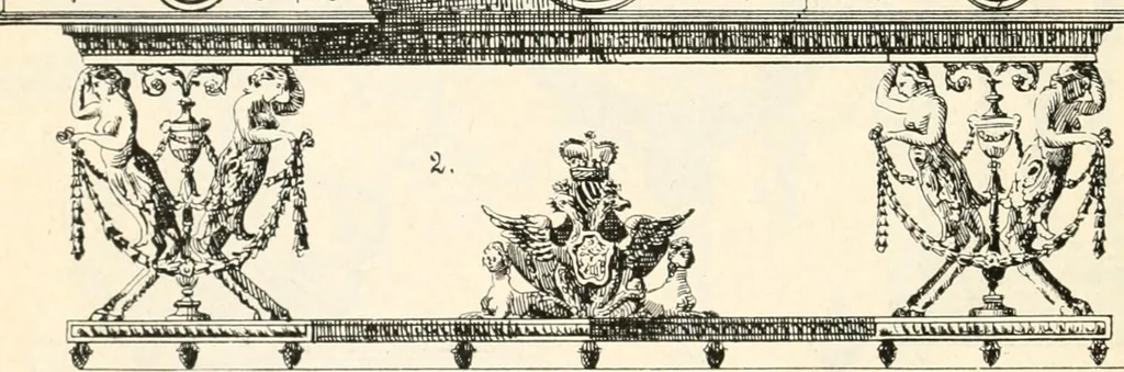 An illustration from Styles of ornament, exhibited in designs, and arranged in historical order, with descriptive text. A handbook for architects, designers, painters, sculptors, wood-carvers, chasers, modellers, cabinet-makers and artistic locksmiths as well as also for technical schools, libraries and private study, 1910, leaf 593