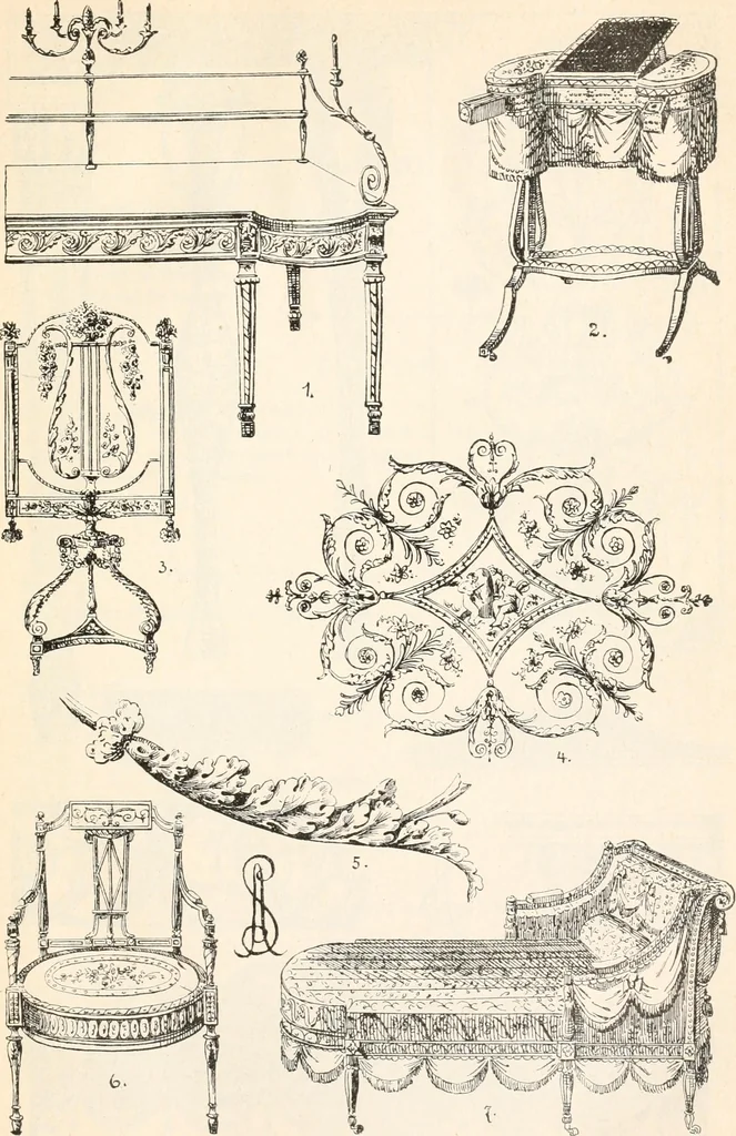 An illustration from Styles of ornament, exhibited in designs, and arranged in historical order, with descriptive text. A handbook for architects, designers, painters, sculptors, wood-carvers, chasers, modellers, cabinet-makers and artistic locksmiths as well as also for technical schools, libraries and private study, 1910, leaf 594