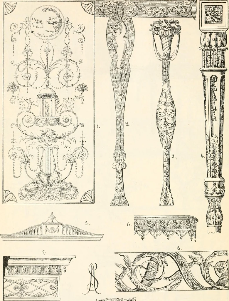 An illustration from Styles of ornament, exhibited in designs, and arranged in historical order, with descriptive text. A handbook for architects, designers, painters, sculptors, wood-carvers, chasers, modellers, cabinet-makers and artistic locksmiths as well as also for technical schools, libraries and private study, 1910, leaf 595