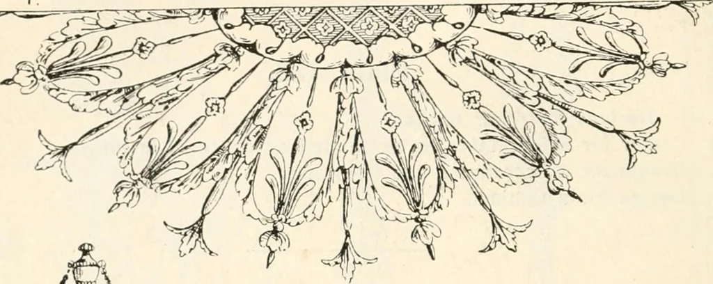 An illustration from Styles of ornament, exhibited in designs, and arranged in historical order, with descriptive text. A handbook for architects, designers, painters, sculptors, wood-carvers, chasers, modellers, cabinet-makers and artistic locksmiths as well as also for technical schools, libraries and private study, 1910, leaf 597