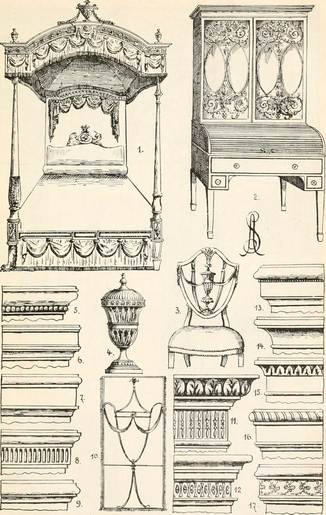 An illustration from Styles of ornament, exhibited in designs, and arranged in historical order, with descriptive text. A handbook for architects, designers, painters, sculptors, wood-carvers, chasers, modellers, cabinet-makers and artistic locksmiths as well as also for technical schools, libraries and private study, 1910, leaf 598