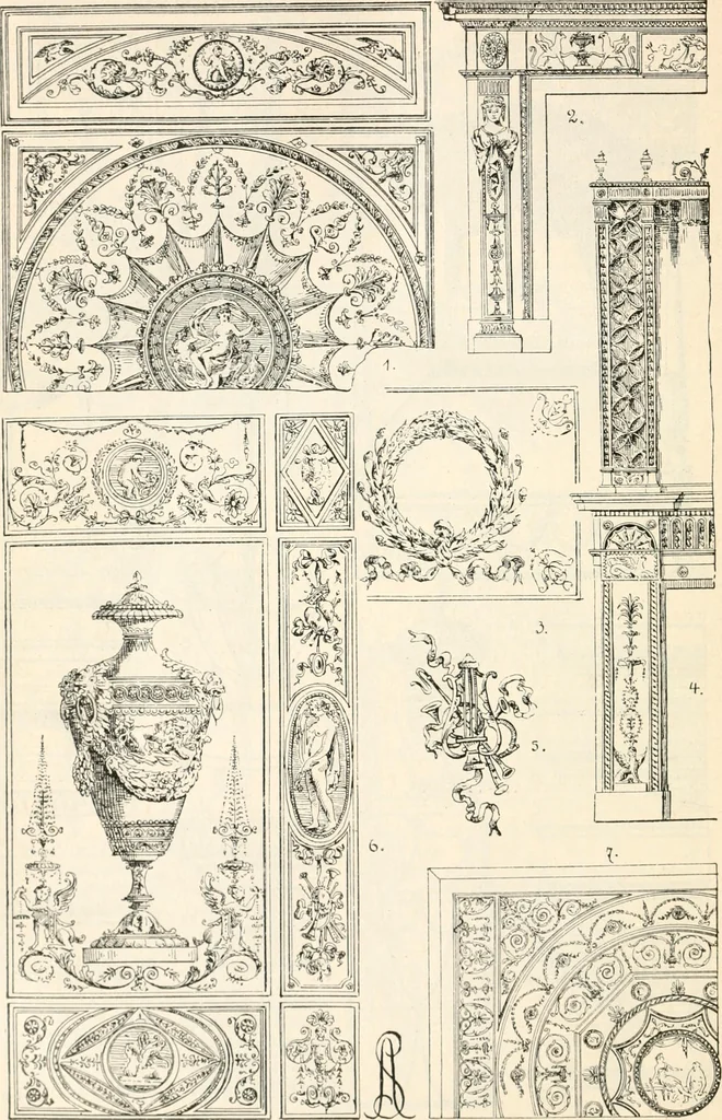 An illustration from Styles of ornament, exhibited in designs, and arranged in historical order, with descriptive text. A handbook for architects, designers, painters, sculptors, wood-carvers, chasers, modellers, cabinet-makers and artistic locksmiths as well as also for technical schools, libraries and private study, 1910, leaf 599