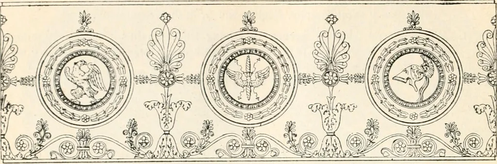 An illustration from Styles of ornament, exhibited in designs, and arranged in historical order, with descriptive text. A handbook for architects, designers, painters, sculptors, wood-carvers, chasers, modellers, cabinet-makers and artistic locksmiths as well as also for technical schools, libraries and private study, 1910, leaf 603