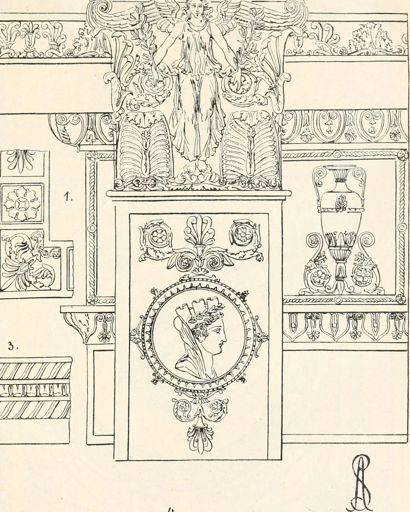 An illustration from Styles of ornament, exhibited in designs, and arranged in historical order, with descriptive text. A handbook for architects, designers, painters, sculptors, wood-carvers, chasers, modellers, cabinet-makers and artistic locksmiths as well as also for technical schools, libraries and private study, 1910, leaf 604