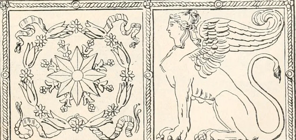 An illustration from Styles of ornament, exhibited in designs, and arranged in historical order, with descriptive text. A handbook for architects, designers, painters, sculptors, wood-carvers, chasers, modellers, cabinet-makers and artistic locksmiths as well as also for technical schools, libraries and private study, 1910, leaf 604
