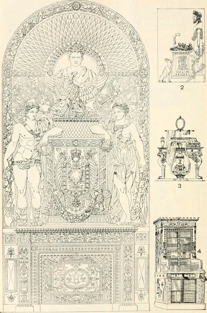 An illustration from Styles of ornament, exhibited in designs, and arranged in historical order, with descriptive text. A handbook for architects, designers, painters, sculptors, wood-carvers, chasers, modellers, cabinet-makers and artistic locksmiths as well as also for technical schools, libraries and private study, 1910, leaf 607